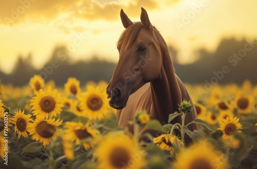 Sunflower Field, Golden Horse in Sunflowers, Equine Serenity, A Horses' Paradise.