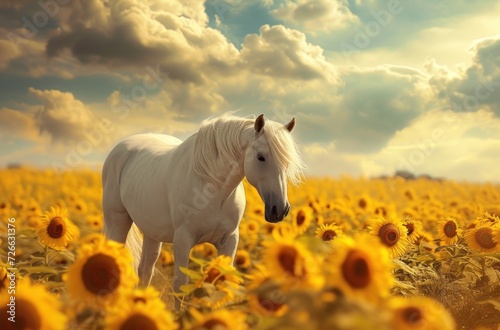 Sunflower Field, Horse in a Field of Flowers, The Horse and the Sunflowers, A White Horse Amidst Yellow Flowers.