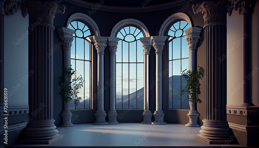 A room with columns and a large window closeup background, Ai generated image