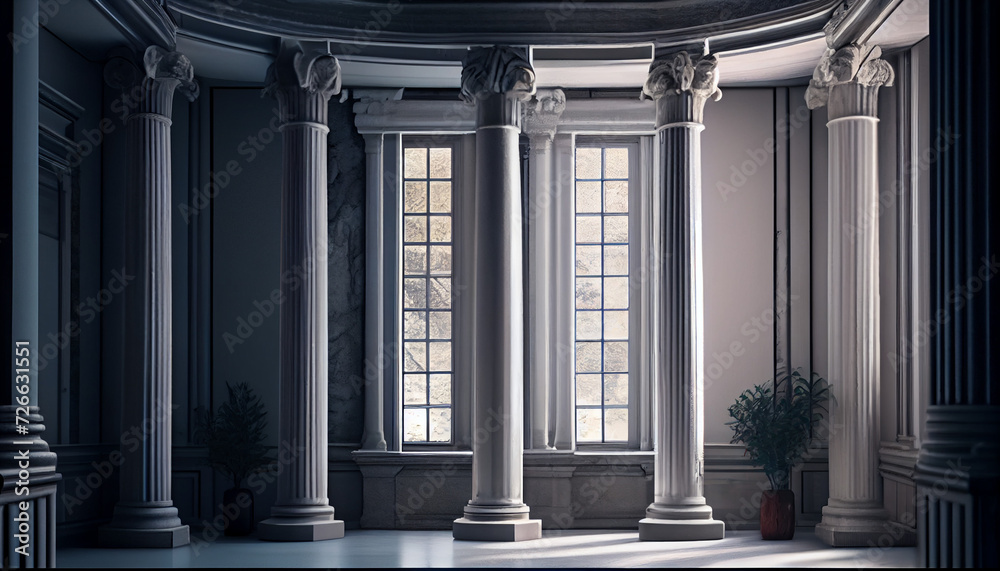 Obraz premium A room with columns and a large window closeup background, Ai generated image