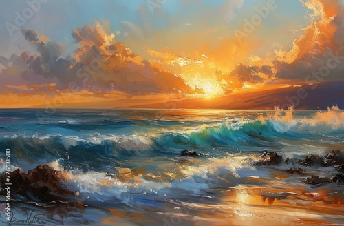 Sunset at the Beach, Waves Crashing on Shore, Ocean Sunrise, Calm Ocean Waters.