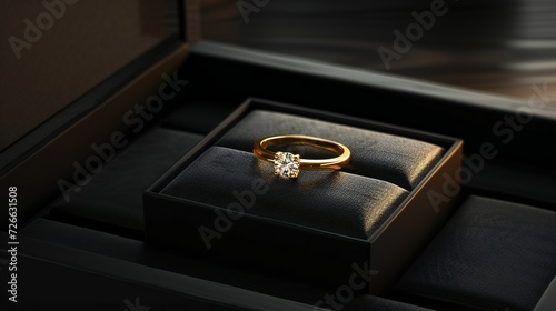 Realistic mockup featuring gold diamond ring on black box. © Aina Tahir