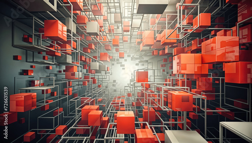  red and gray cubes stacked together forming complex network