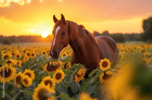 Sunset Serenade, Golden Horse in Sunflower Field, Sunflower Serenade, Horse Amongst Sunflowers.