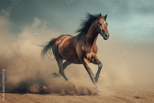 Galloping Horse, Running Free in the Dust, Dirt Flying Behind a Horse, Equestrian Action Shot. © Jevjenijs