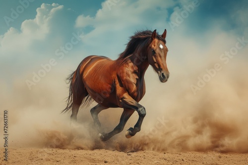 Galloping Horse, Running Free in the Dust, Powerful Brown Horse, Dirt Flying Behind a Horse.