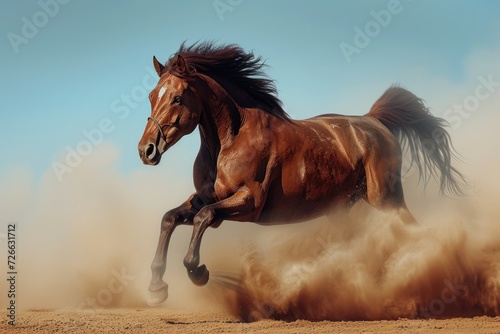 Running Horse, Dusty Trail, Galloping Brown Horse, Motion Blur of a Horse Running.