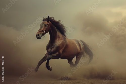 Running Horse in Dust, Galloping Brown Horse, Dusty Trail of a Fast Horse, A Wild Horse in Motion.