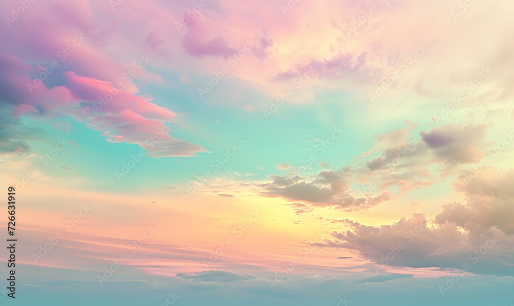 Stunning romantic and relaxing sunrise with some pink illuminated clouds moving across a blue sky. Long exposure, natural background.