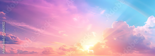 Stunning romantic and relaxing sunrise with some pink illuminated clouds moving across a blue sky. Long exposure  natural background.