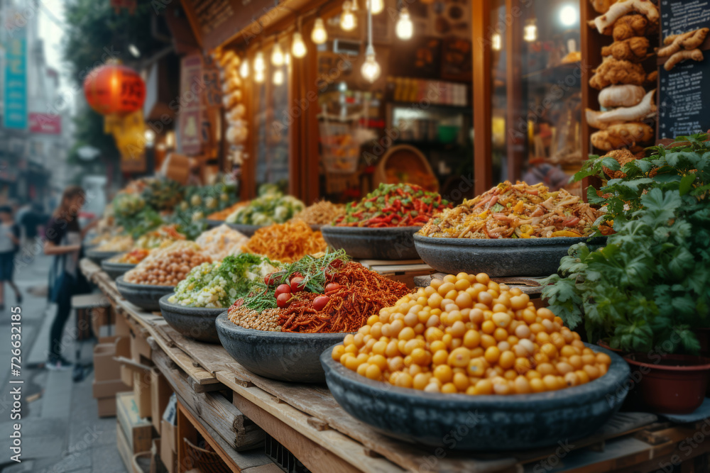 A street market with stalls selling diverse ethnic foods, symbolizing the fusion of different cuisines. Concept of culinary diversity and cultural exchange. Generative Ai.