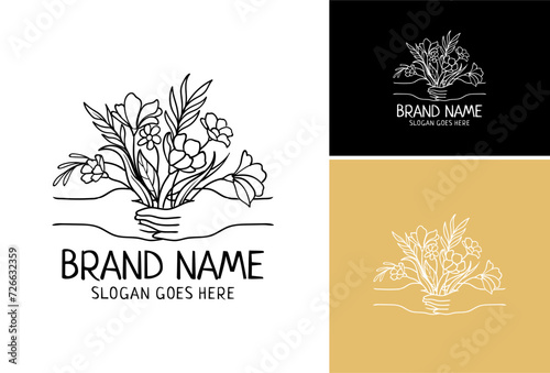 Holding a flower bucket. Give each other. Flower studio Logo Set Vector Illustration.

