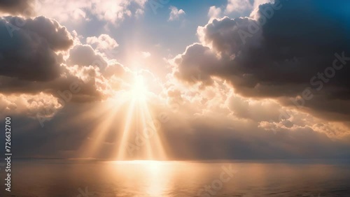Rays of light shine through the clouds creating dreamy crepuscular effects.