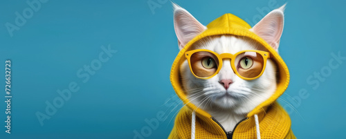 White cat wearing sunglasses yellow  wearing yellow hooded sweater  hood is put on cat s head  looking into camera  on plain blue background. Advertising concept  business banner. Copy space