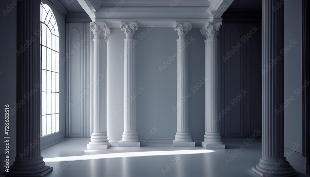 A room with white columns and a large window closeup background, Ai generated image A room with white columns and a large window closeup background, Ai generated image