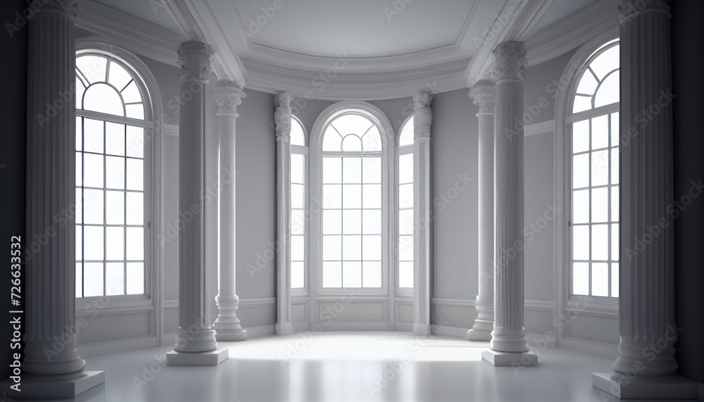 A room with white columns and a large window closeup background, Ai generated image