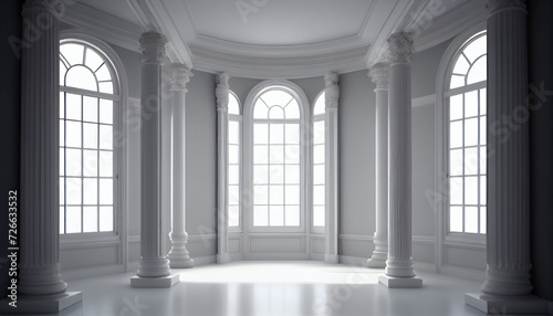 A room with white columns and a large window closeup background  Ai generated image
