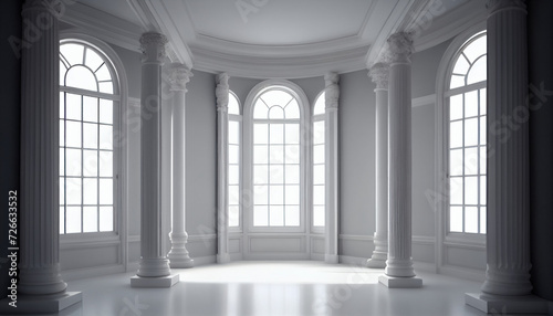 A room with white columns and a large window closeup background, Ai generated image