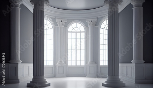 A room with white columns and a large window closeup background  Ai generated image