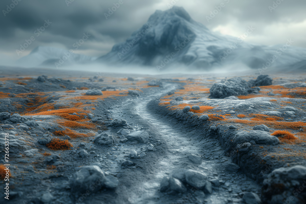 Fototapeta premium A photo of a sparse landscape with a single winding path, leading the eye through the scene. Concept of journey and exploration in space. Generative Ai.
