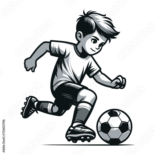 Happy cute little boy playing soccer football game in action cartoon vector illustration, kid player kicking ball design template isolated on white background © lartestudio