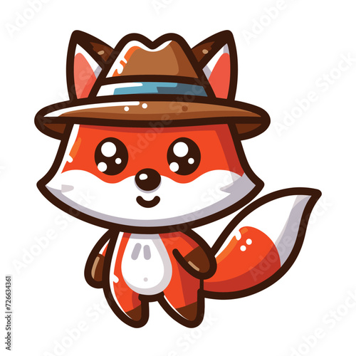 Cute adorable fox wearing hat cartoon character vector illustration, funny wolf foxy flat design template isolated on white background