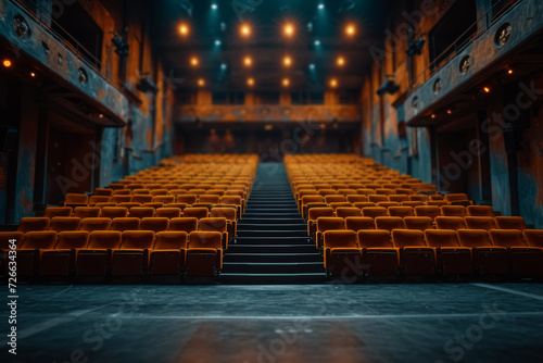 A photograph of an empty theater auditorium, focusing on the space and seating arrangement. Concept of anticipation and empty spaces. Generative Ai. © Sebastian