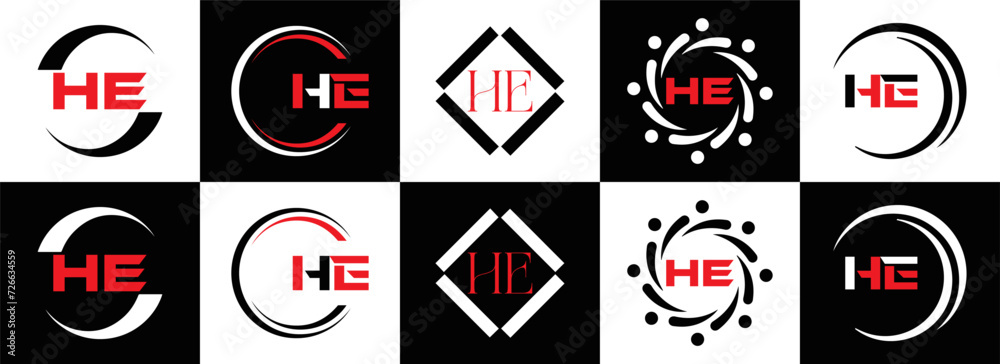 Fototapeta premium HE logo. H E design. White HE letter. HE, H E letter logo SET design. Initial letter EE linked circle uppercase monogram logo. H E letter logo SET vector design. HE letter logo design 