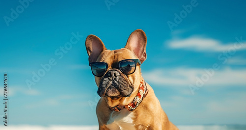 Cool dog French bulldog with sunglasses sitting against the sky background. Summer vacation holidays on ocean or sea. Pets care. Travel preparation and planning. Concept of recreation, travel,tourism. © Evgeniya
