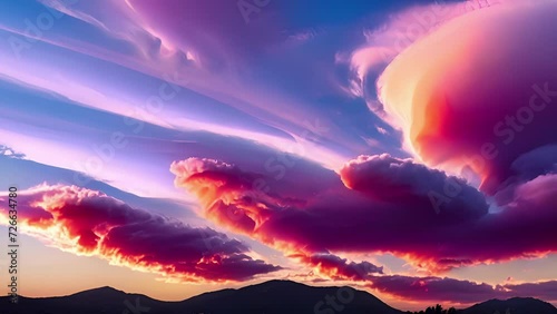 An enchanting sunset sky full of lenticular clouds capturing the imagination with their unusual shapes. photo