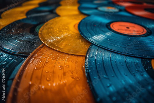 An image of a vinyl record collection, edited to enhance scratches and light leaks for authenticity. Concept of music appreciation in retro style. Generative Ai.