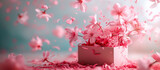 gift box with pink flowers and petals bursting out of it
