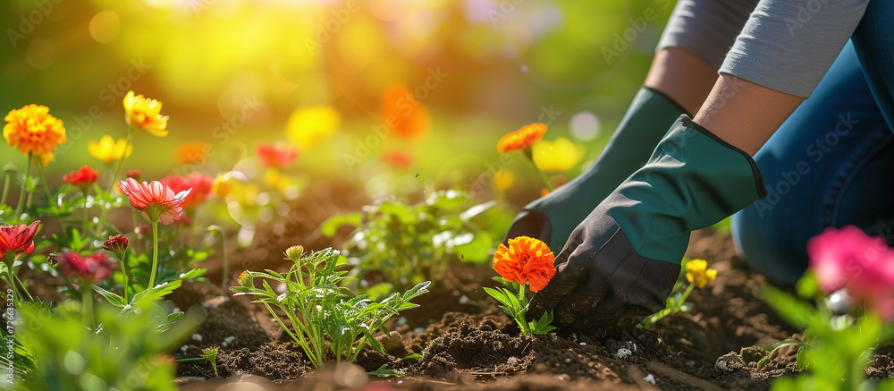 Fototapeta premium Woman gardener planting flowers in the garden on a sunny morning