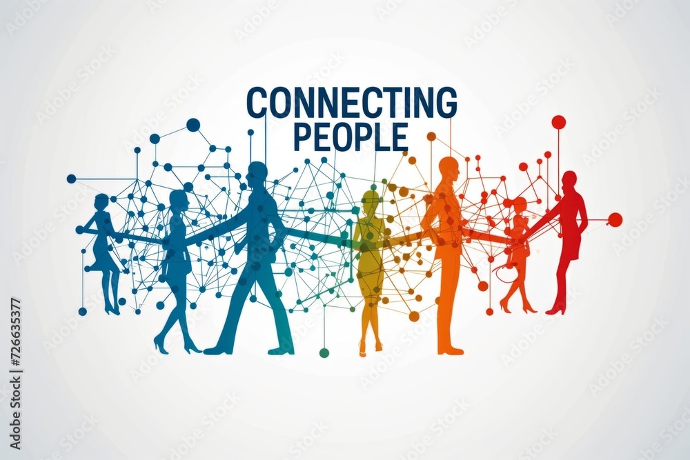 © SKIMP Art - Connecting People banner with colorful silhouettes and data points concept Generative AI