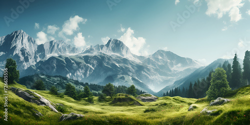 panorama of the mountains, A mountainous landscape with coniferous trees, A landscape with a river in the foreground and mountains in the background, Pristine Naturalism Immersive,  Generative AI © shabnam