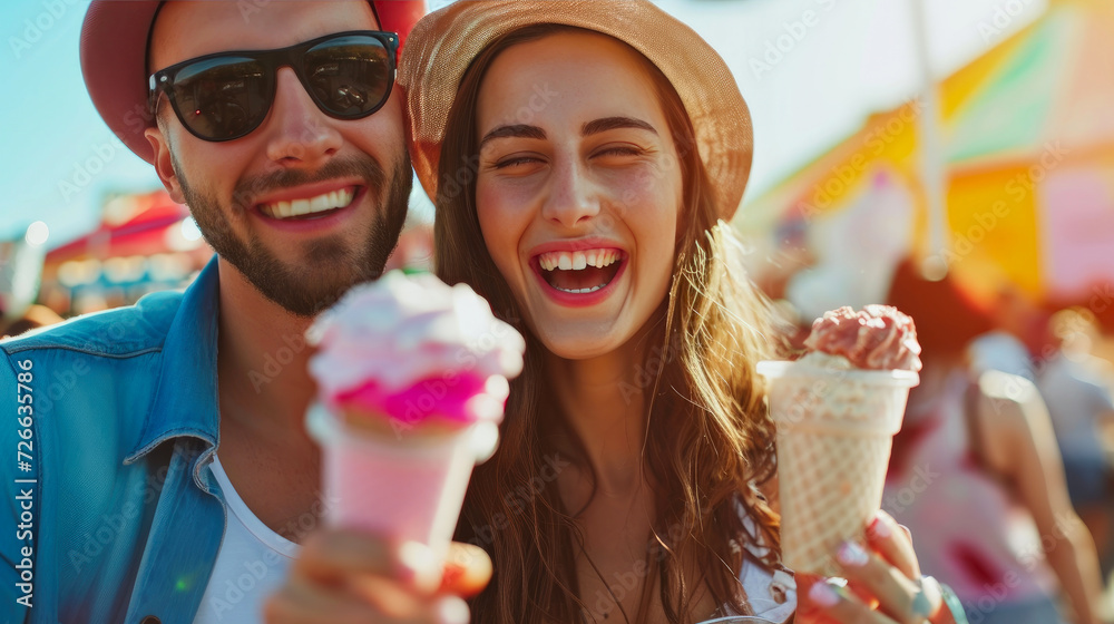 Joyful Couple Indulging in Ice Cream Bliss at Amusement Park
