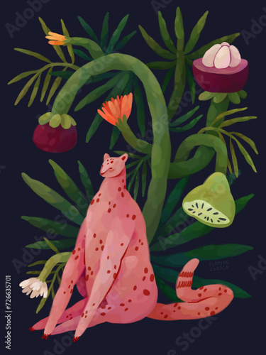 Leopard Surrounded By Tropical Plants, Pink Leopard, Tropical Fruits photo