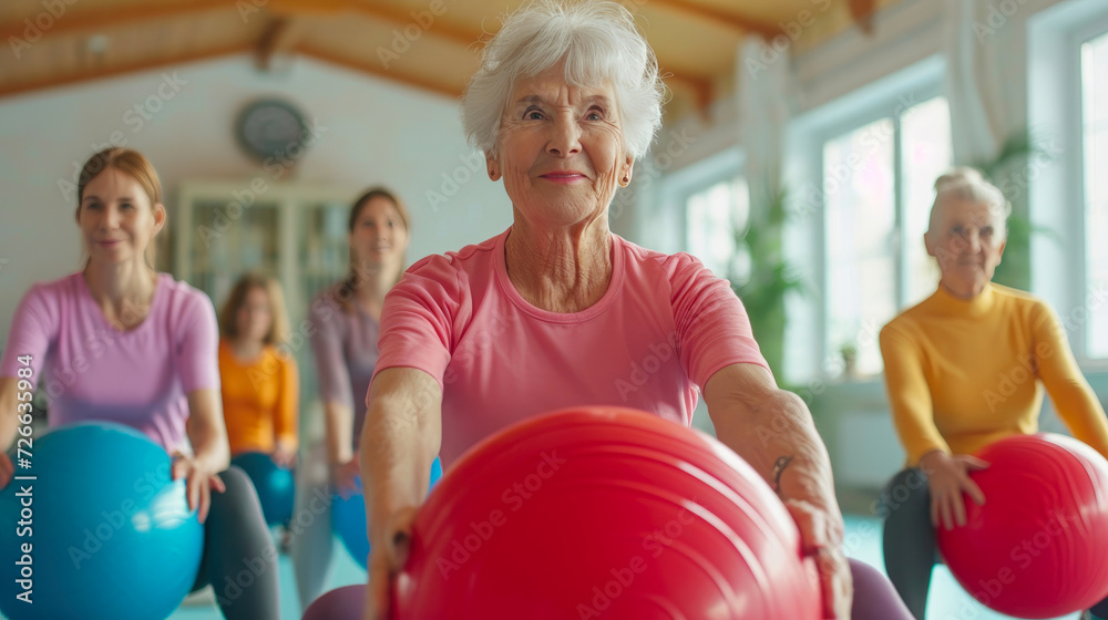 Energetic Elderly Woman Engaging in Studio Fitness with Colorful Ball