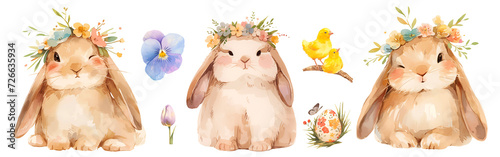 Easter bunny wearing a flowers crown, Colorful watercolor cute rabbit toy isolated on white background. Celebration Illustration set and Spring decorations. Cut out PNG on transparent background.