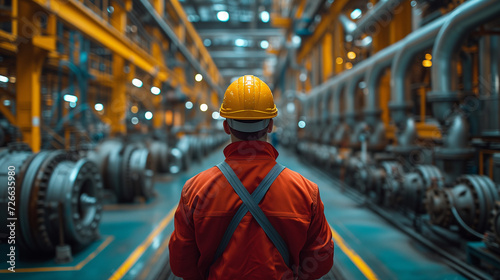 Front view of a technician or mechanical engineer wearing a safety helmet in a factory with a production line. Industrial machinery and maintenance.