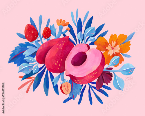 Peaches, Strawberries And Flowers Composition, Fruits And Flowers Painting