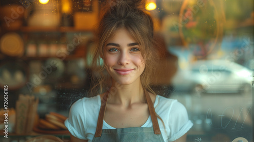 Welcoming Female Barista with a Charming Smile Standing Behind the Cafe Counter.