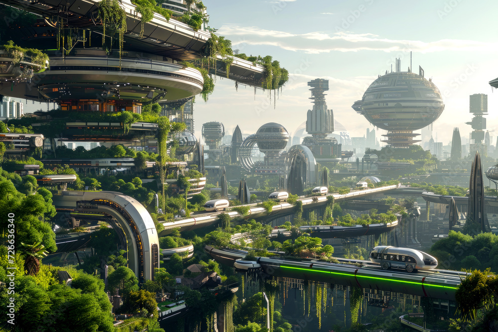 future city. futuristic, green city with tall buildings. smart, technological city