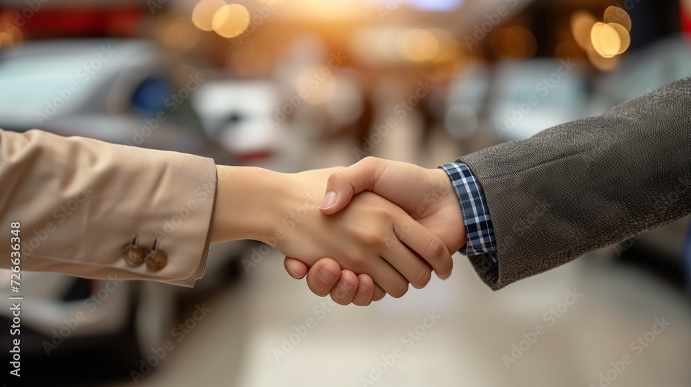 New car purchase congratulations handshake at dealership. New car purchase congratulations handshake at dealership.