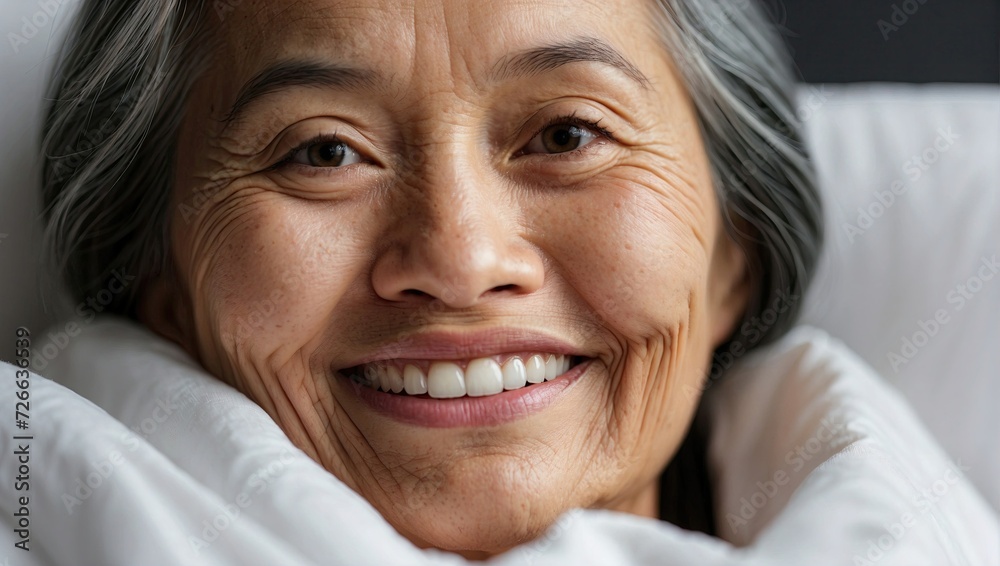 Warm portrait of an elderly Asian woman smiling under a white blanket, conveying a sense of comfort and contentment. Warm portrait of an elderly Asian woman smiling under a white blanket, conveying a sense of comfort and contentment.