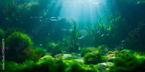  Green Seaweed Accompanied by Playful Fish  Painting a Natural Seascape in the Ocean Depths