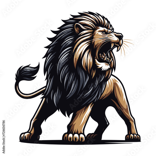 Wild roaring lion full body vector illustration, zoology illustration, majestic predator safari animal big cat design template isolated on white background