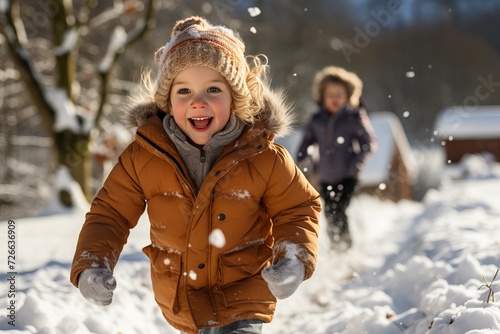 Inclusive diverse group of children joyfully playing in the snow on a sunny winter day