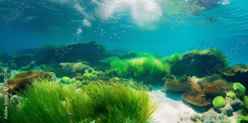 Green seaweed with fish, natural underwater seascape in the ocean