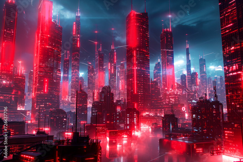 future city. futuristic city with neon lights and tall buildings. smart  technological city